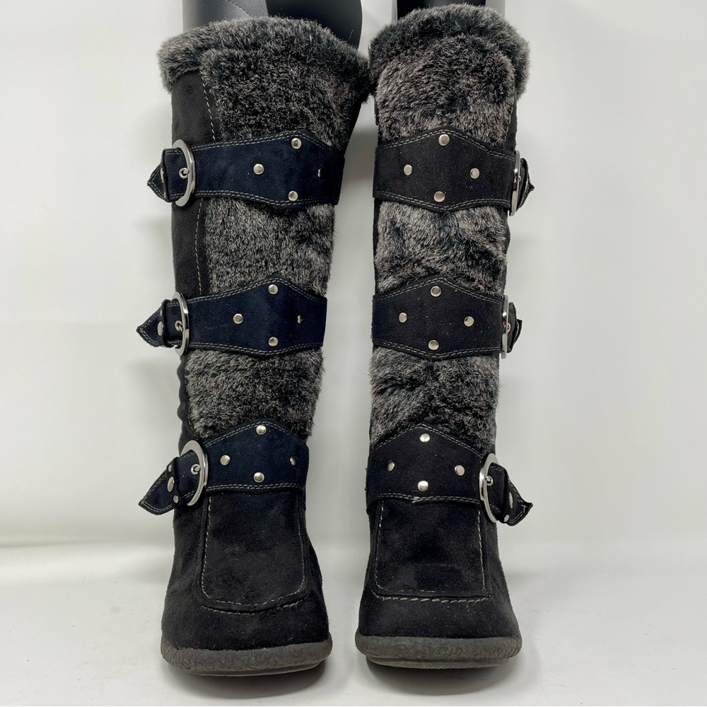 TOP Moda Black and Gray Vegan Suede and Fur Winter Boots with 2” Heel